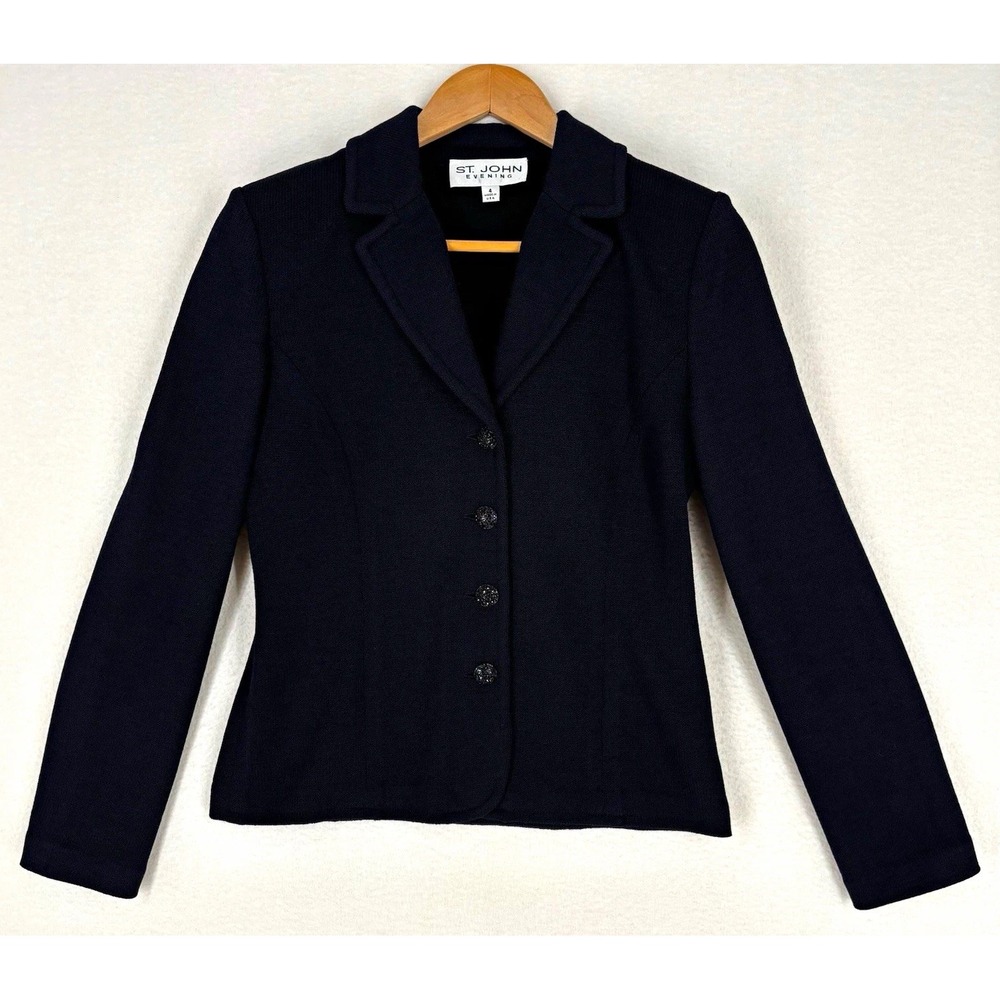 St. John Evening Black Knit Blazer Jacket Single-Breasted 4-Button Notch Lapel 4
